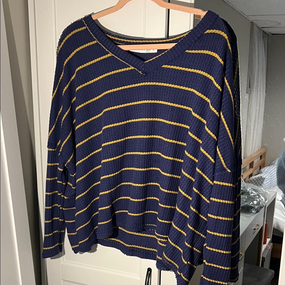 Altar'd State Navy and Yellow Striped V-Neck Sweater